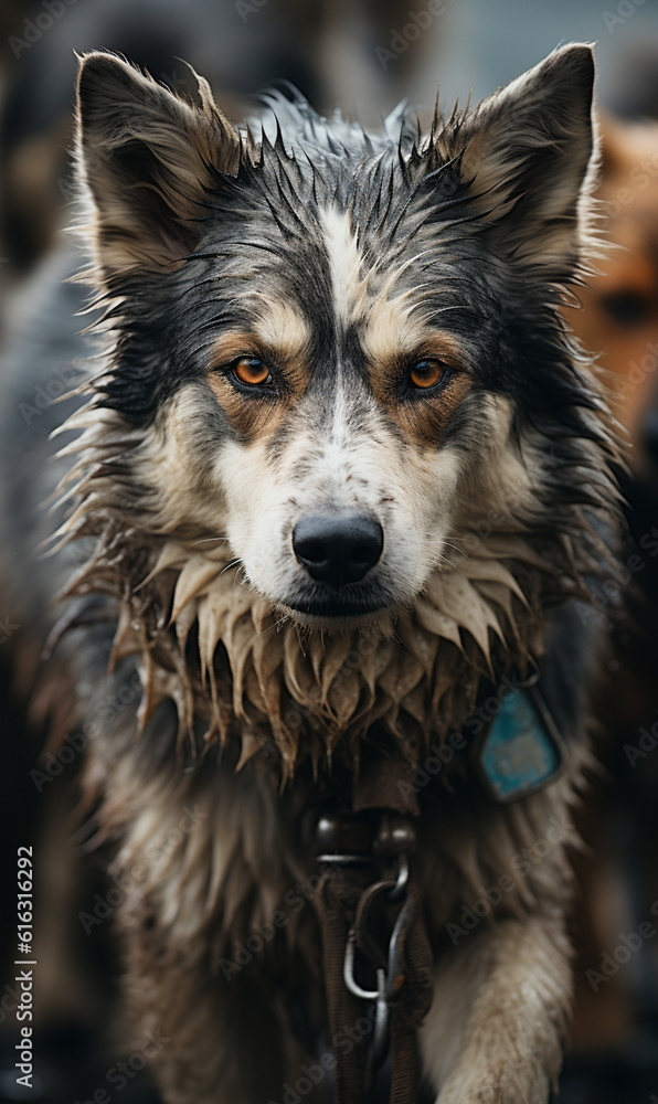 Generative AI Portrait of a stray dog on a leash. Close-up. Generative AI Portrait of a stray dog on a leash. Close-up.