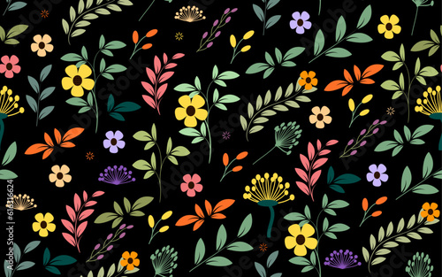 Hand drawn Floral seamless pattern colorful flowers, leaves branches ornamental vector spring design daisy background © pixel.99