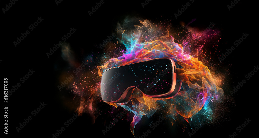 Metaverse, future digital technology for entertainment and games, VR virtual reality glasses, free space for text. Generative AI.