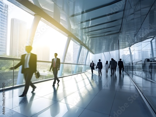 A group of confident business people walking on a sleek and modern walkway
