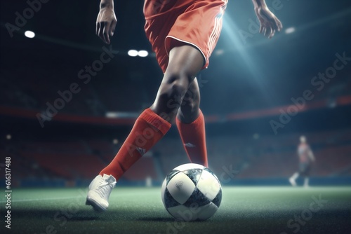 ball foot sport goal competition kick soccer game football stadium. Generative AI. © SHOTPRIME STUDIO