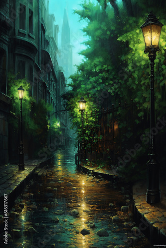 Capture the droplets of rain cascading down vibrant green leaves  reflecting the soft glow of a streetlamp. AI generative