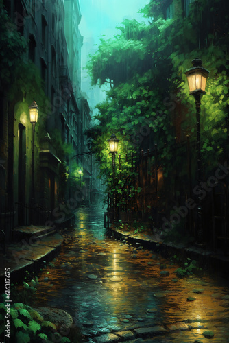 Capture the droplets of rain cascading down vibrant green leaves  reflecting the soft glow of a streetlamp. AI generative