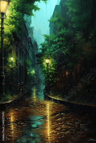 Capture the droplets of rain cascading down vibrant green leaves, reflecting the soft glow of a streetlamp. AI generative © SANGHYUN