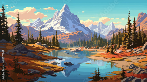 Beautiful landscape. Small river. Mountains on the horizon. Green meadow. Forest. Clear sky. Bright warm colors. The beauty of the nature. Landscape work of art. Vector illustration design.