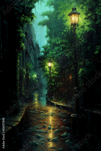 Capture the droplets of rain cascading down vibrant green leaves, reflecting the soft glow of a streetlamp. AI generative © SANGHYUN