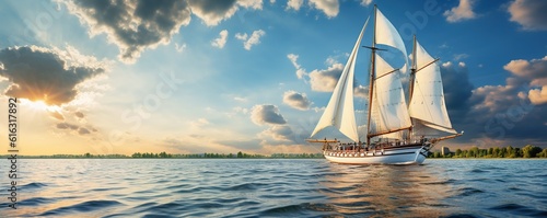 sailing ship on the sea with panoramic sunset