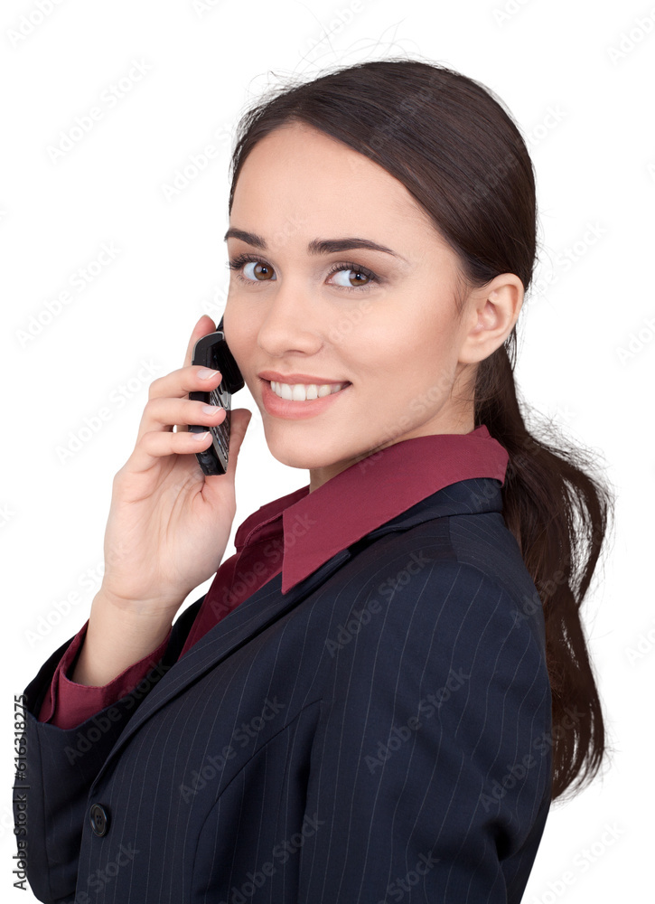 Close-up portrait of young businesswoman with phone isolated on white background Close-up portrait of young businesswoman with phone isolated on white background
