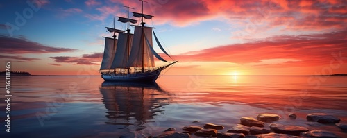sailing ship on the sea with panoramic sunset © maretaarining