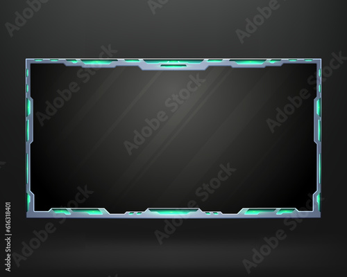 Abstract silver and neon blue glow effect live stream webcam overlay border frame on black background