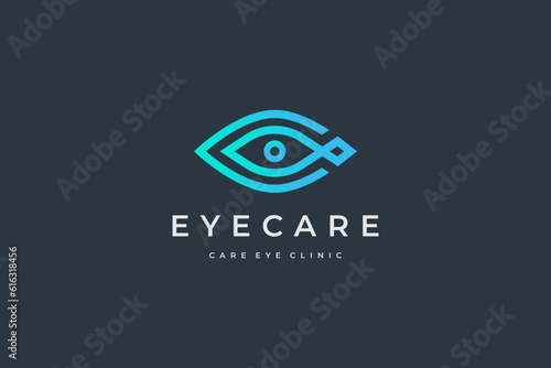 eye medical clinic logo icon with optic, lens linear symbol design | vector graphic illustration