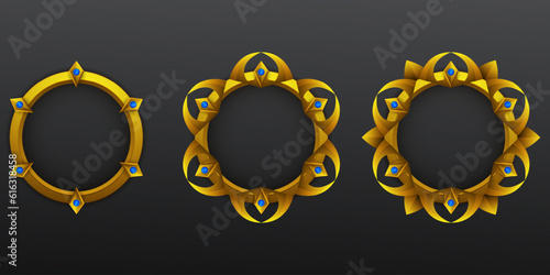 Game avatar banner golden border circular frame with blue gemstones for game ui design