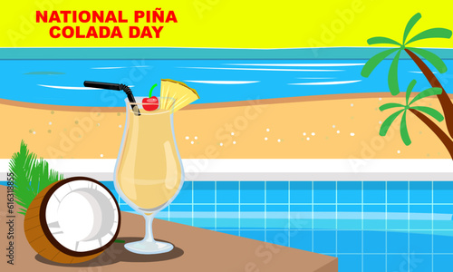 a glass of Piña Colada and a coconut by on pool side with a beach view. Piña Colada a mixture of pineapple, rum, and coconut cream. celebrating National Piña Colada Day
