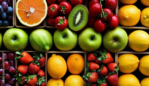 An image capturing a delightful display of various fresh fruits ready to be enjoyed. Generative Ai.