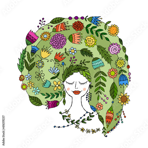 Floral concept art with fairy woman portrait design. Creative vector illustra...