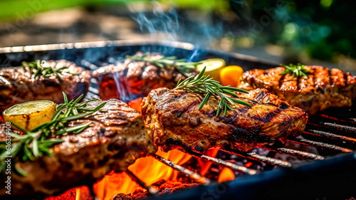Grilling steaks on barbecue grill. Shallow dof. AI generated