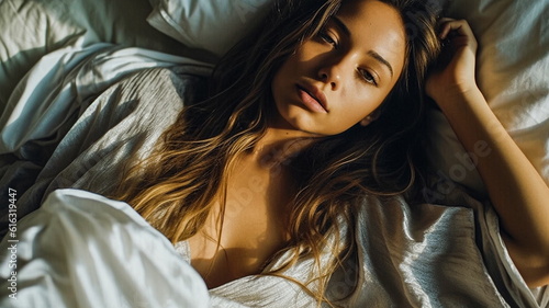 beautiful young woman lying in bed and looking at camera in morning. Generative Ai illustration