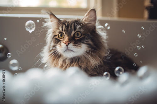 Generative AI.
a cute cat taking a bubble bath