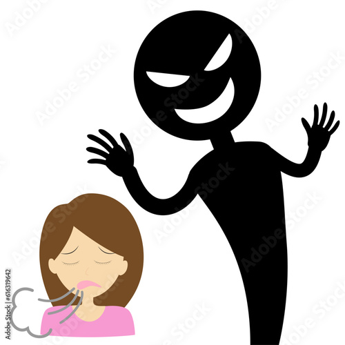女性の背後に忍び寄る詐欺師