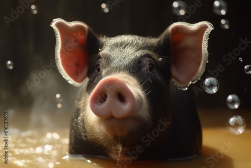 Generative AI. a cute pig taking a bubble bath © imur