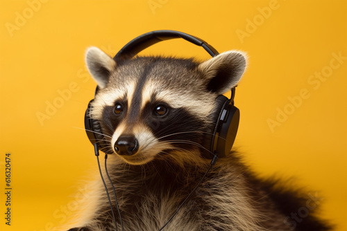 a cute raccoon wearing earphones on a yellow background © imur