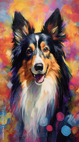 Abstract of a black and white collie, colorful pixel-art, colorful brushstrokes, dark purple and light amber, colorful textures, realistic color schemes