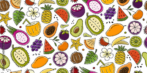Tropical fruits collection. Seamless pattern background for your design.