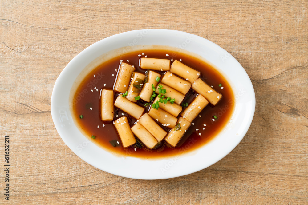 Spicy Jjajang Tteokbokki or Korean rice cake in spicy black bean sauce Spicy Jjajang Tteokbokki or Korean rice cake in spicy black bean sauce