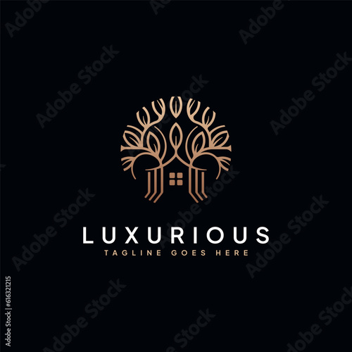 Luxury tree house line logo. Vintage ornamental calligraphic logo design on black background