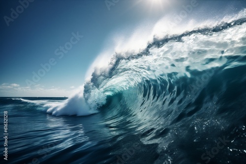 wave crash nature sea surfing ocean blue liquid cool water. Generative AI. © SHOTPRIME STUDIO
