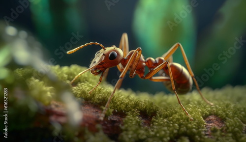 A photo showcasing a close-up portrait of an ant walking amidst the forest, captured with a macro lens, revealing intricate details. Generative Ai. © maria_studio