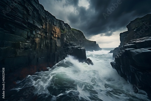 dramatic coastal cliffside, with crashing waves, rugged rocks, and a stormy sky