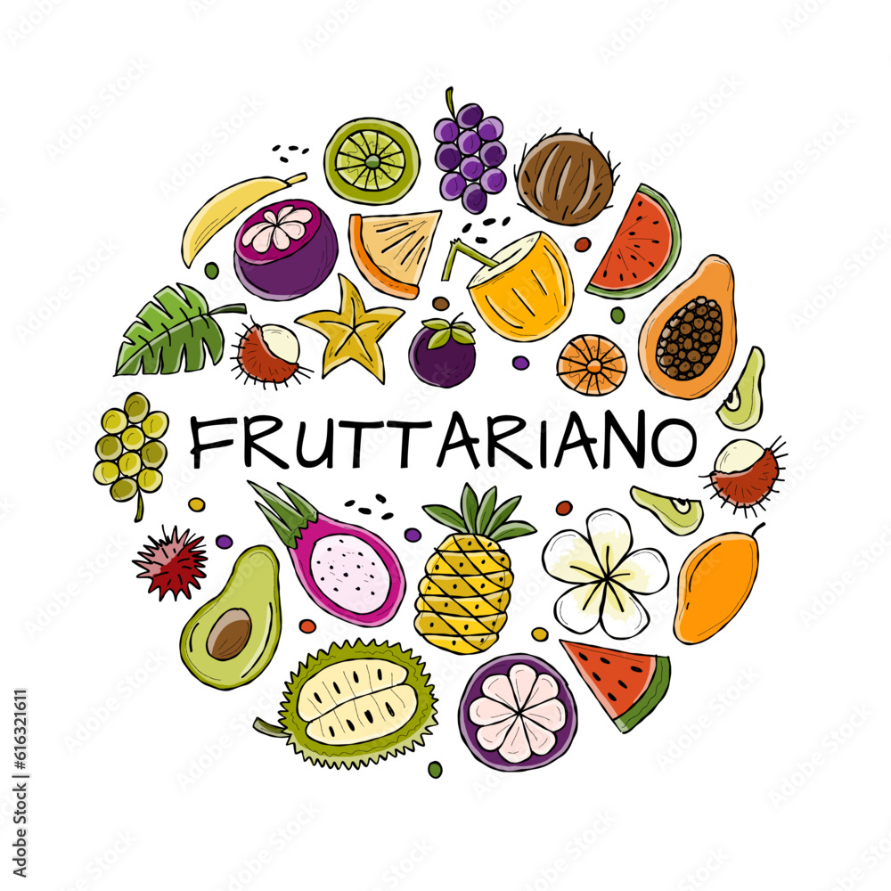 Tropical fruits collection. Circle frame for your design with place for your text Tropical fruits collection. Circle frame for your design with place for your text