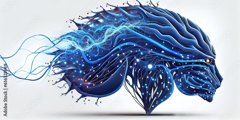 Stylized image of the human brain and glowing neurons in it, in a ...