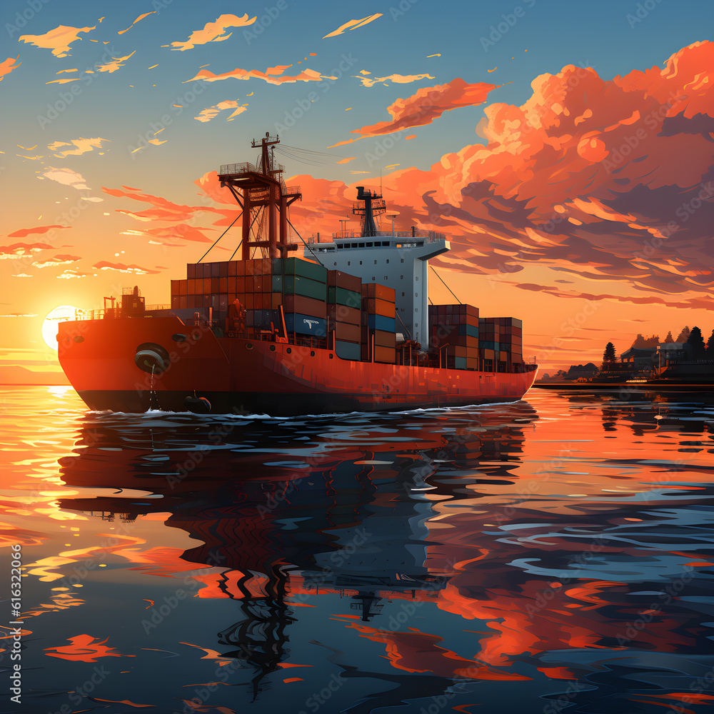 peaceful 2D isometric scene of cargo ship anchored in tranquil bay, with beautiful sunset casting warm hues across the sky and water. AI Generated, Generative AI peaceful 2D isometric scene of cargo ship anchored in tranquil bay, with beautiful sunset casting warm hues across the sky and water. AI Generated, Generative AI