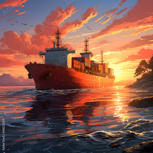 peaceful 2D isometric scene of cargo ship anchored in tranquil bay, with beautiful sunset casting warm hues across the sky and water. AI Generated, Generative AI