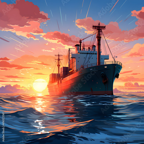 peaceful 2D isometric scene of cargo ship anchored in tranquil bay, with beautiful sunset casting warm hues across the sky and water. AI Generated, Generative AI