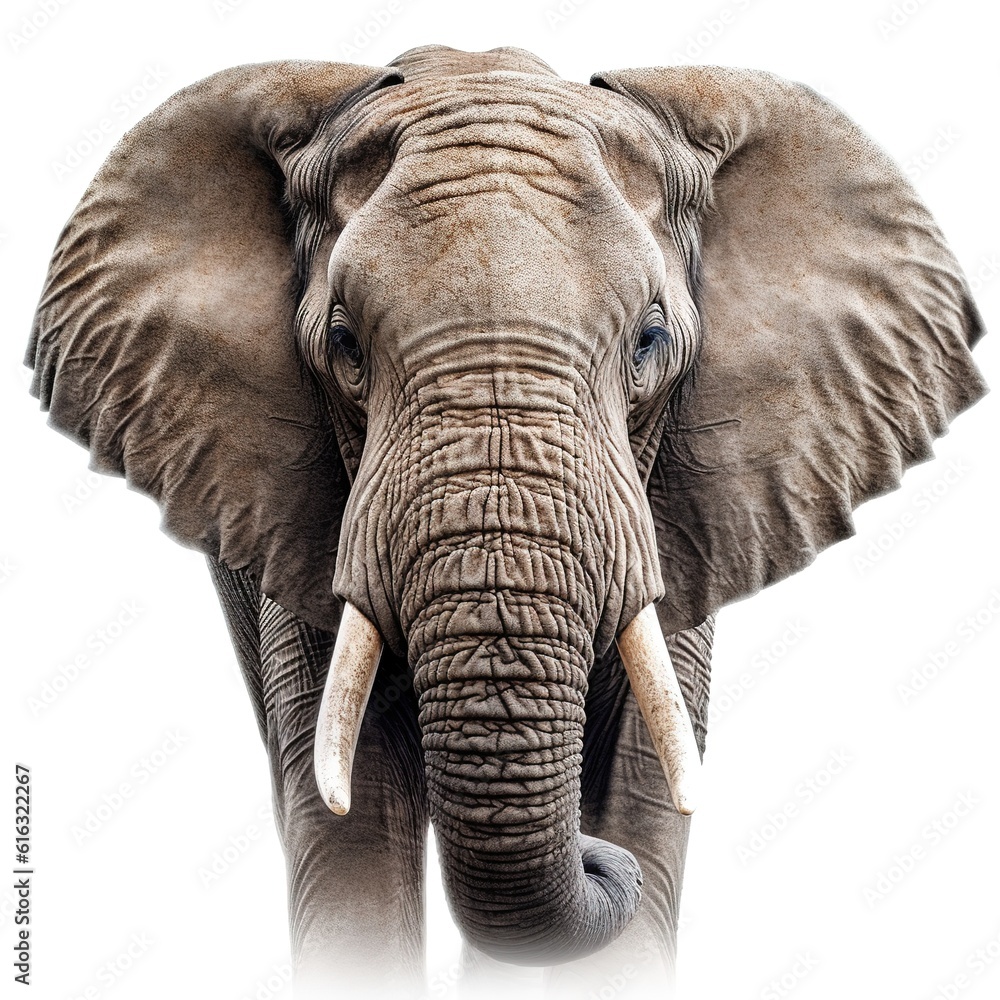 Elephant face photo on a white background
