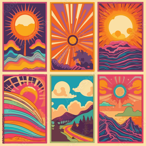 Collection of bright groovy posters 70s. Retro poster with psychedelic landscapes with flowers and sun, vintage prints, isolatedCollection of bright groovy posters 70s. Retro poster with psychedelic l