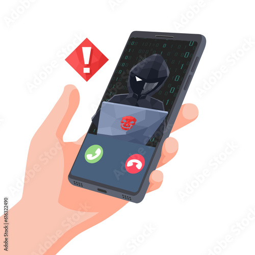 3D Low Polygon Thief Hacker uses a computer laptop in a mobile smartphone. fraud scam and steal private data on devices. vector illustration flat design for cyber criminal awareness concept.