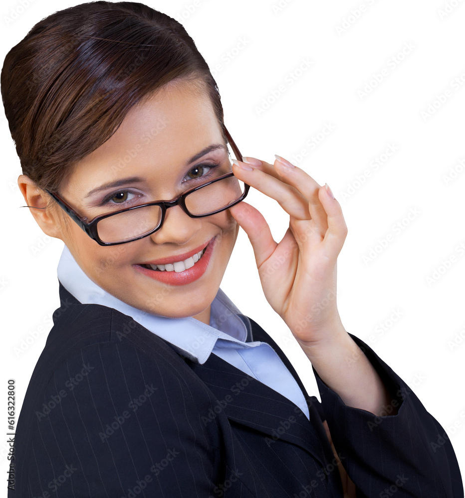 Smiling Businesswoman Holding Glasses - Isolated Smiling Businesswoman Holding Glasses - Isolated