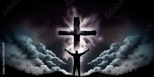 The drawn silhouette of a man standing in nature with his arms outstretched to the sides, against the background of a luminous silhouette of a huge cross in the night cloudy sky. Generative AI