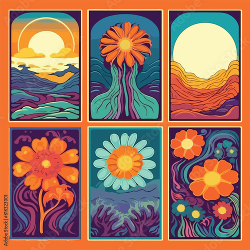 Collection of bright groovy posters 70s. Retro poster with psychedelic flowers and planet vintage prints, isolated
