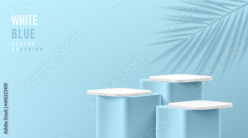 Realistic 3D white and blue round corner cube pedestal or stand podium set, Palm leaf. Vector abstract geometric platform. Wall minimal scene cosmetic product stage showcase, Banner promotion display.