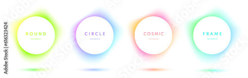 Set of abstract glowing neon lighting isolated on white background. Blue, red-purple, green illuminate light round frame collection. Cosmic vibrant color circle border. Top view futuristic elements.