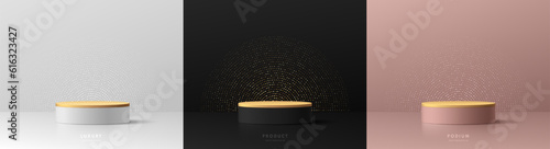 Set of 3D cylinder pedestal podium background. Shiny glitter dots in black, silver, pink gold color. Abstract luxury minimal wall scene mockup products display. Stage showcase. Vector geometric form.