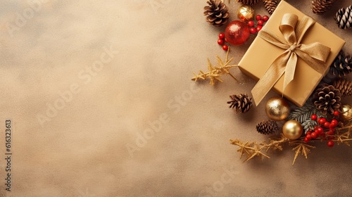 Christmas Decoration Composition On Light Gold Background with Beautiful Golden Gift Box
