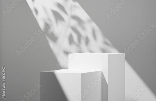 White empty podium or pedestal for product presentation on two floors, showcase of beauty and cosmetics product. Square mockup platform on white background. 3d rendering