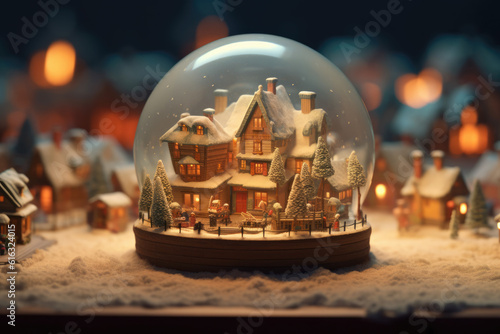 winter wonderland with little town and Christmas tree inside a snow globe , snowing, festive.