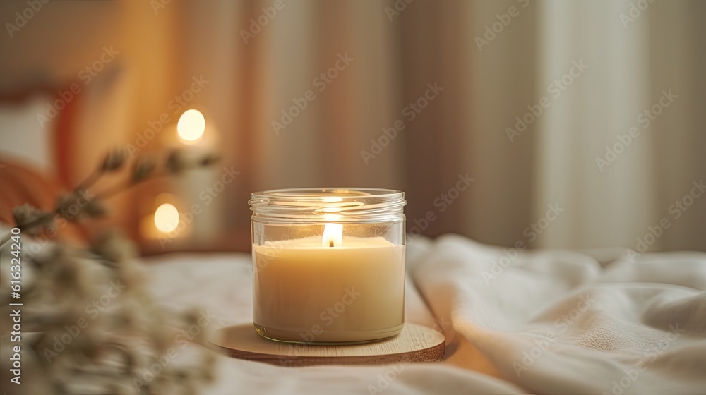 Closeup shot of massage candle in a glass jar standing on a surface covered with folded silk Closeup shot of massage candle in a glass jar standing on a surface covered with folded silk